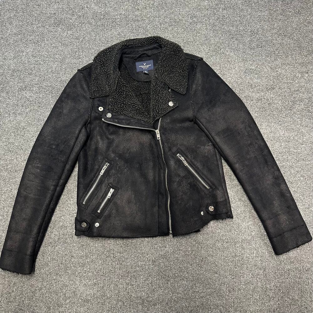 American Eagle Women's Moto Jacket Faux Fur Sherpa Fleece Lined Soft Biker S